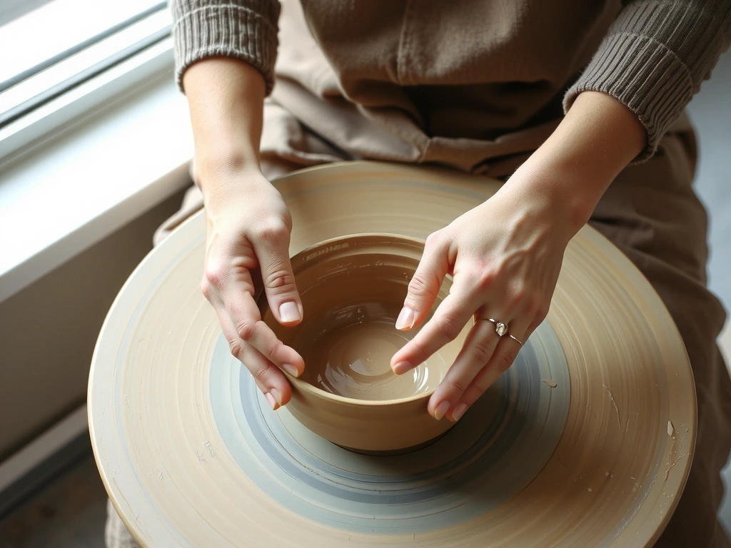 Hände formen einen Tongefäß auf der Töpferscheibe